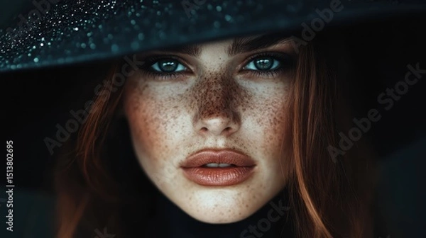 Fototapeta A close-up portrait of a woman wearing a wide-brimmed hat, capturing intense gaze and striking freckles, showcasing beauty and individuality in a compelling artistic style.