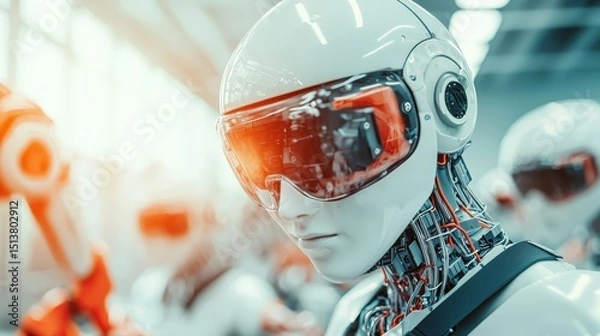 Fototapeta An impressive image of a humanoid robot showcasing intricate details of its mechanical face, highlighting the intersection of technology and design in robotics.