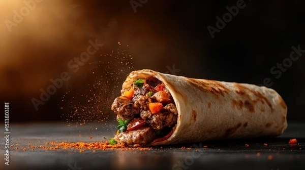 Fototapeta This appetizing burrito, bursting with vibrant ingredients and spices, is artfully displayed against a dramatic dark background, tempting viewers with its savory appeal.