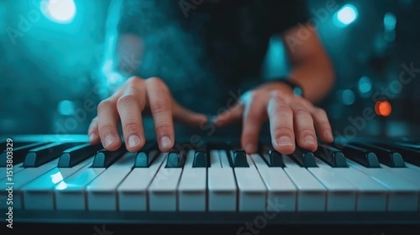 Fototapeta This image captures skilled hands expertly playing a piano, enveloped in dramatic blue lighting, showcasing the artistry of music and the emotion it conveys through expression.