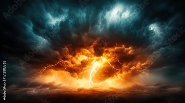 Fototapeta The dramatic image of tumultuous storm clouds, charged with energy and illuminated by flashes of lightning, conveys the raw power of nature and evokes feelings of awe and tension.