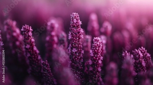 Fototapeta A stunning display of vibrant purple flowers fills the frame, creating a enchanting dreamlike atmosphere that invites viewers to experience the beauty of nature and tranquility.