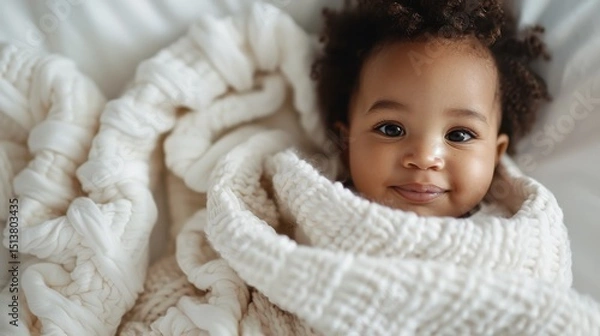 Fototapeta A joyful baby wrapped in a soft, white blanket smiles radiantly, capturing the essence of innocence and warmth, evoking feelings of love and tenderness.