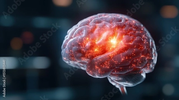 Fototapeta A digitally rendered image of a glowing brain with intricate connections and light patterns, representing knowledge, creativity, and the power of human cognition.