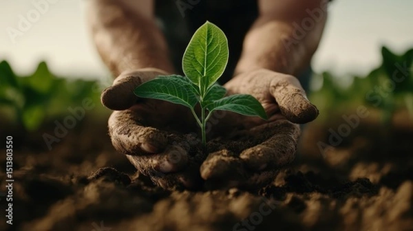 Fototapeta A close-up view of hands holding a young plant, symbolizing growth, care, and connection to nature, emphasizing the importance of nurturing opportunities and life.