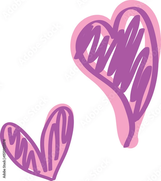 Obraz Two hearts hand drawn sketches with purple and pink brush. Doodle sketch heart shape.