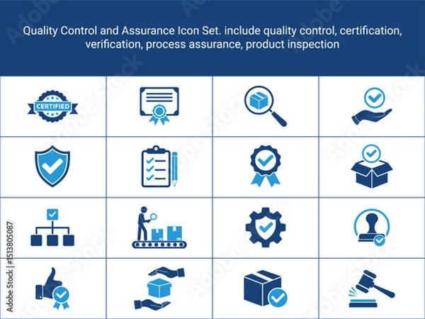 Obraz Quality Control Icon Set. Certification icons. include quality control, assurance, verification,
process assurance, product inspection. checkmarks, seals, and packaging. flat icons, solid icons