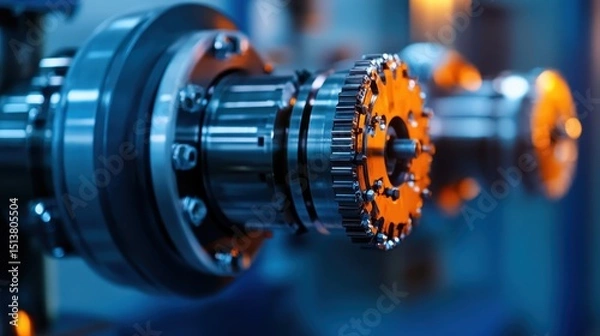 Fototapeta An intricate close-up of a high-tech gear system showcases precision engineering and the interplay of metal components, ideal for industrial or technology projects.