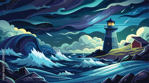 Obraz Stormy Night at Sea with Waves Against Lighthouse – Dark Ocean Vector Scene	
