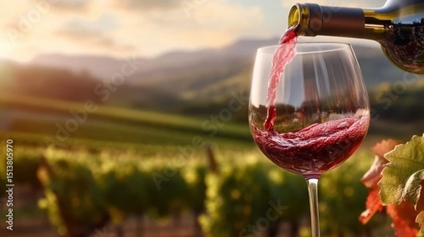 Fototapeta A bottle pours red wine into a glass amidst a picturesque vineyard, highlighting the beauty of wine culture and the idyllic surroundings of nature's bounty.
