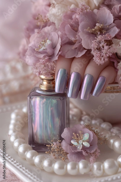 Fototapeta Elegant pastel manicure with shimmering polish and floral accents on a luxurious display table