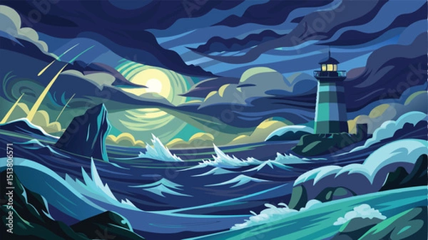 Obraz Stormy Night at Sea with Waves Against Lighthouse – Dark Ocean Vector Scene	