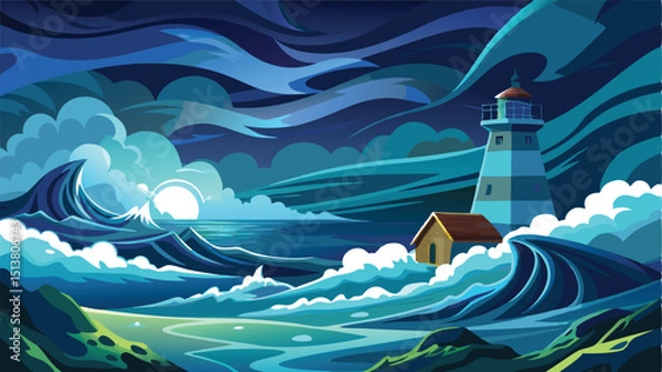 Obraz Stormy Night at Sea with Waves Against Lighthouse – Dark Ocean Vector Scene	