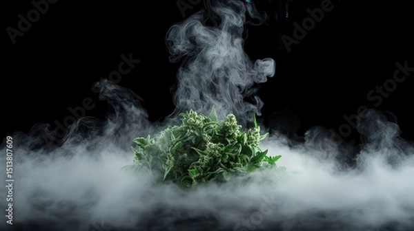 Fototapeta A striking close-up of a lush cannabis bud bathed in thick swirling smoke against a dark backdrop, evoking a sense of mystery and allure surrounding the substance.