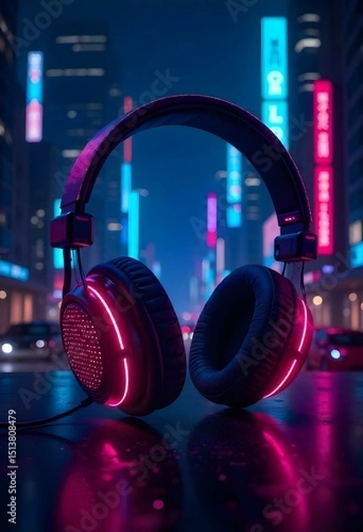 Obraz A 3D headphone in a neon background