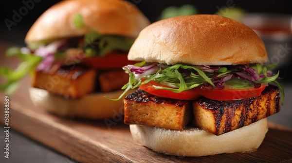 Obraz Grilled tofu sliders with fresh vegetables on wooden board