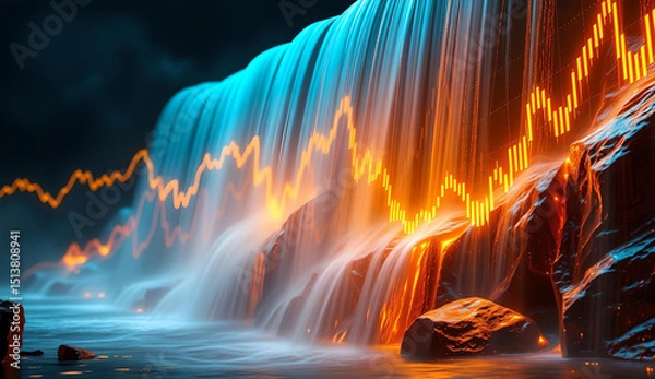 Obraz Abstract waterfall made of glowing stock market graphs, liquid gold and silver streams, dynamic motion blur