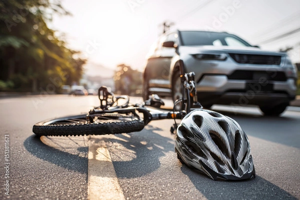 Obraz Traffic collision aftermath with broken bicycle and helmet on the road amidst urban chaos