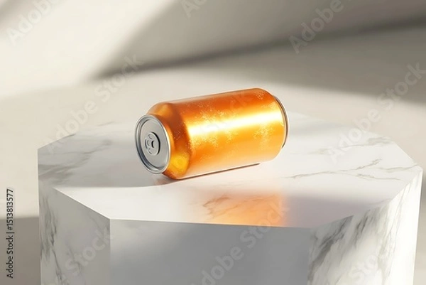 Fototapeta Cold soda can in pastel orange finish, lying on its side on a white marble platform with subtle shadows 