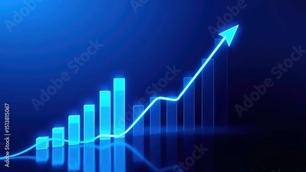 Fototapeta Abstract financial chart with rising trend line, glowing blue bars and line, dark blue gradient background 