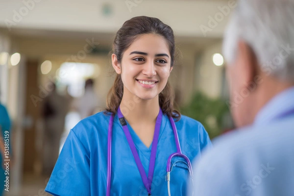 Fototapeta Caring healthcare professional engages warmly with an elderly patient in a hospital setting