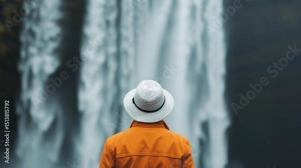 Fototapeta A silhouette of a person in a bright orange coat and straw hat, standing in awe before a stunning waterfall, representing the beauty and wonder of nature's elements in harmony.