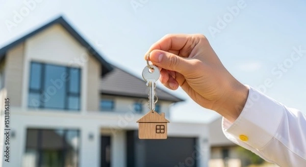 Obraz Hand Holding a House Key in Front of a Modern Home, Symbolizing Ownership and New Beginnings