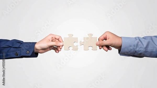 Fototapeta Two hands holding wooden puzzle pieces that fit together, symbolizing cooperation and problem-solving