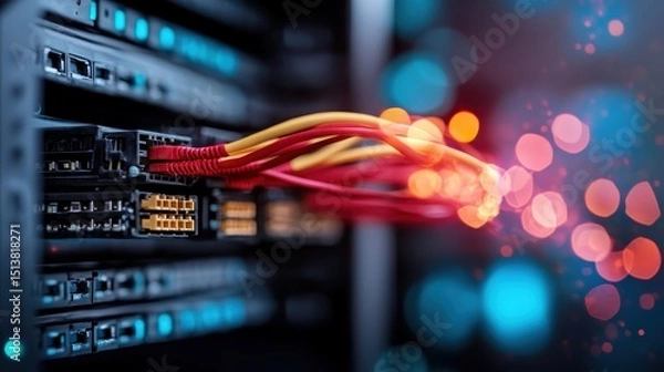 Fototapeta A close-up view of vibrant network cables connecting ports in a server rack, highlighting technology and connectivity in modern data centers and communication infrastructure.