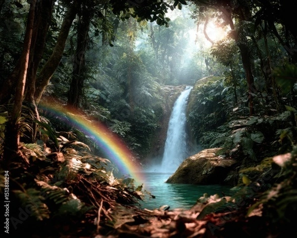 Fototapeta Enchanting waterfall cascading through lush jungle tropical paradise nature scene serene environment vibrant viewpoint