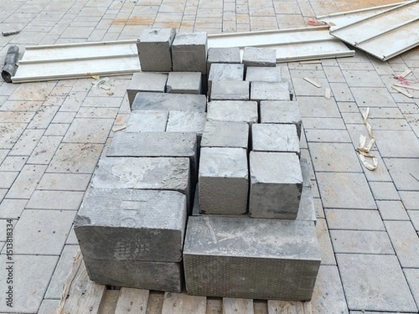 Obraz Interlock, Small bricks tile of pavement area
Interlock on Brown Sand
Interlock pallet on construction site for walking pathway or Padestrian crossing pavement
Interlocks on White Sandy ground surface
