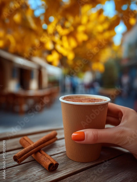 Fototapeta Enjoying warm spices and cozy comfort under golden autumn leaves in a charming cafe setting