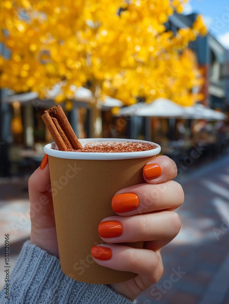 Fototapeta Cozy autumn delight with a warm drink amidst vibrant yellow leaves in a charming outdoor setting