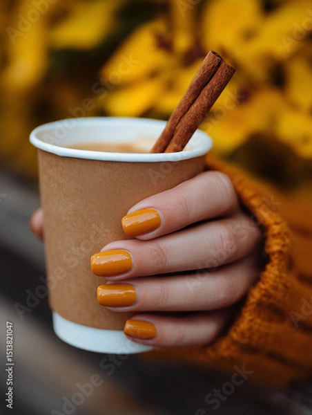 Fototapeta Warm autumn touch with a cozy drink amidst golden foliage in a tranquil outdoor setting