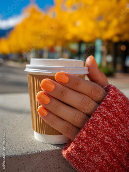 Fototapeta Vibrant autumn moments with a warm drink and a cozy sweater in a colorful park
