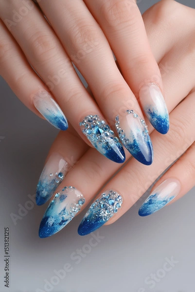 Fototapeta Elegant blue ombre nails adorned with sparkling crystals showcase a glamorous manicure in a serene setting