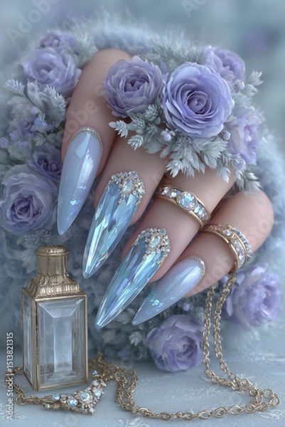 Fototapeta Elegant crystal nails adorned with floral accents captured in soft pastel hues of lavender and blue