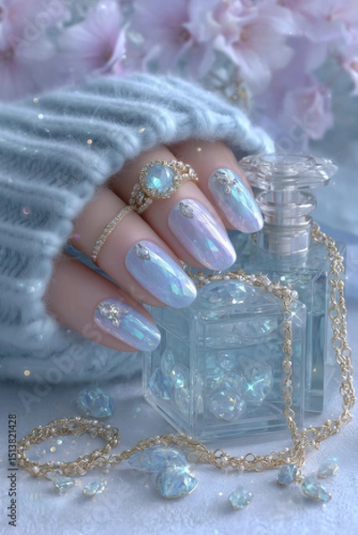 Fototapeta Elegant pastel nail art adorned with sparkling gems and feminine accessories on a cozy setting with soft hues