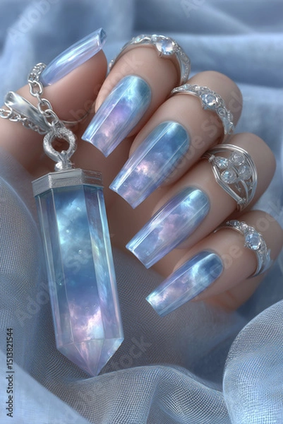 Fototapeta Stunning crystal-inspired nail art captures the essence of shimmering elegance with intricate metallic accessories