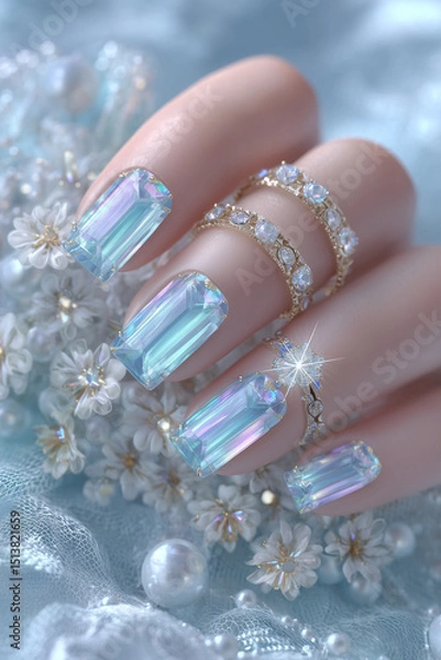 Fototapeta Elegant holographic manicure adorned with delicate jewels and blossoms against a soft blue backdrop