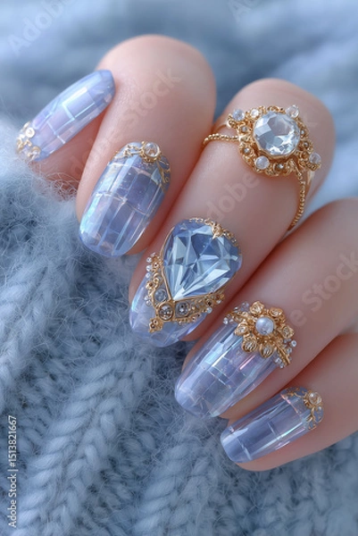 Fototapeta Elegant nail art adorned with gemstones showcases creativity and style in a cozy setting