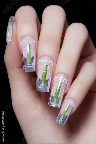 Fototapeta Creative nail art features translucent designs with stunning green accents, showcasing unique artistry and style