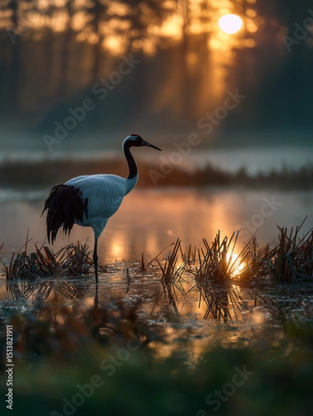 Fototapeta Elegant crane stands poised by the water's edge as gentle sunlight breaks through a misty dawn