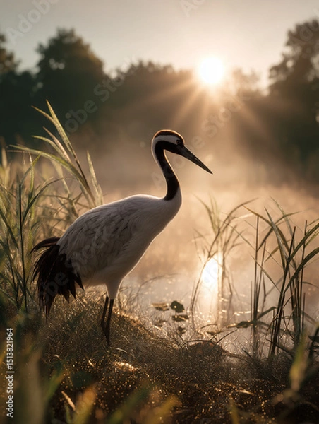 Fototapeta Graceful crane standing by a misty pond at sunrise captures the serenity of nature's early light and tranquil beauty