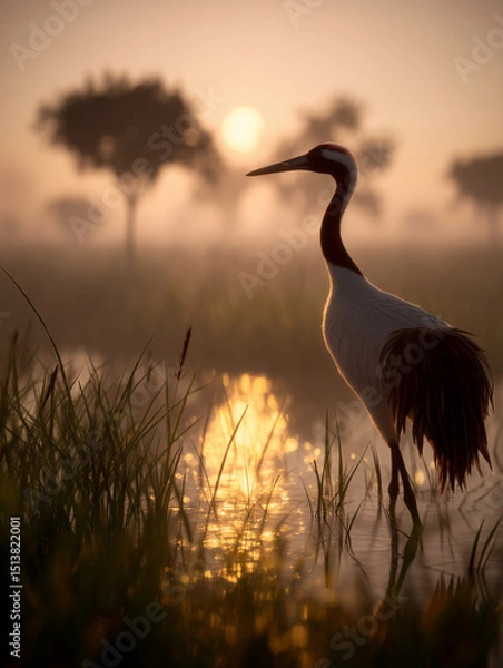 Fototapeta Majestic crane stands gracefully in shimmering waters at dawn, surrounded by tranquil nature and soft sunlight