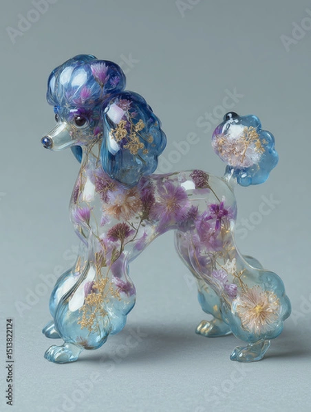 Fototapeta Colorful glass sculpture of a poodle adorned with delicate flowers in a creative artistic display