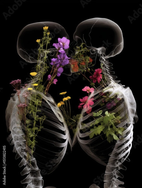 Fototapeta Skeletons embracing with vibrant flowers growing between them under a dark background