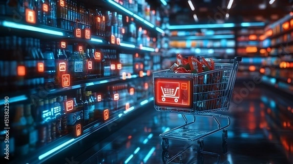 Obraz Futuristic Shopping Cart in Digital Supermarket