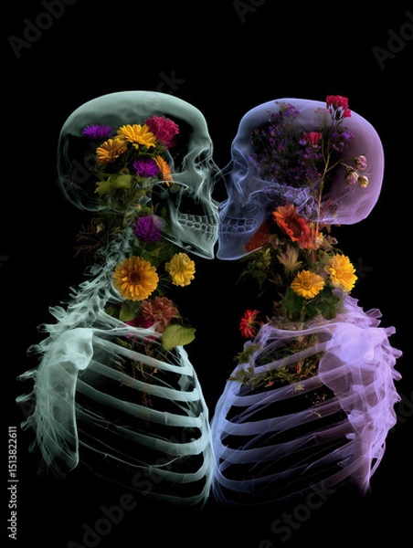 Fototapeta Two skeletons embrace, showcasing a vibrant display of flowers blooming within, representing the beauty of love and life intertwined