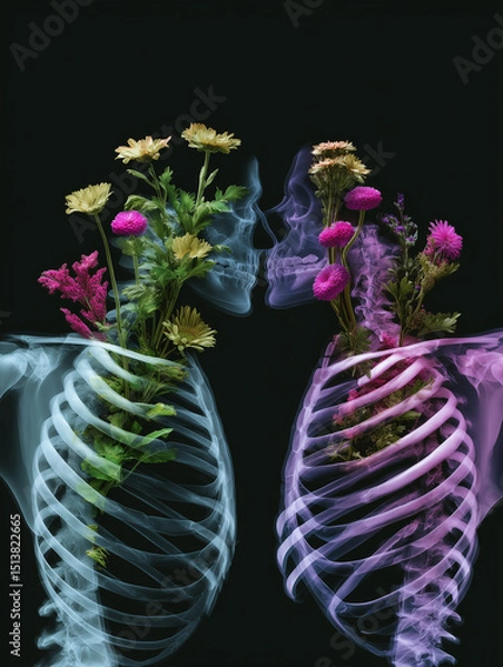 Fototapeta Floral silhouettes embrace as vibrant blooms blossom within colorful skeletal forms in an artistic representation of life and love